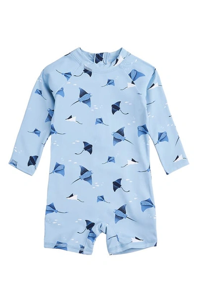 Petit Lem Babies' Stingray Long Sleeve One-piece Rashguard Swimsuit In Blue Light