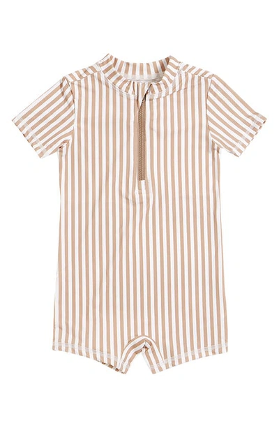 Petit Lem Babies' Stripe Short Sleeve One-piece Rashguard Swimsuit In Sand