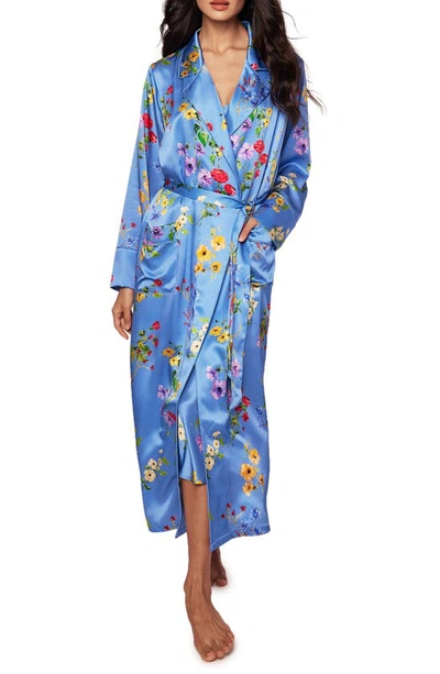 Petite Plume Brilliant Botani Mulberry Silk Dressing Gown In Blue