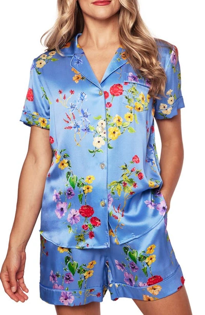 Petite Plume Brilliant Botanical Mulberry Silk Short Pajamas In Blue