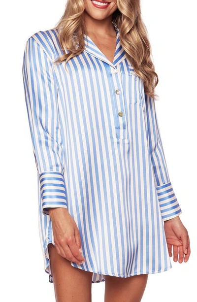 Petite Plume Stripe Long Sleeve Mulberry Silk Nightgown In Blue