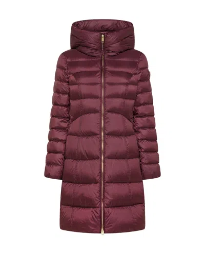 Peuterey Long Hooded Puffer Coat In Rosso Prugna