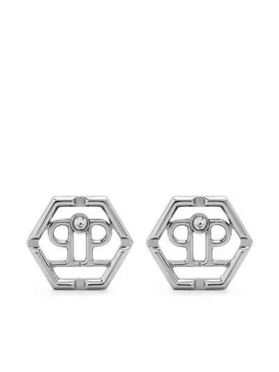 Philipp Plein Hexagonal Logo-charm Stud Earrings In Silver