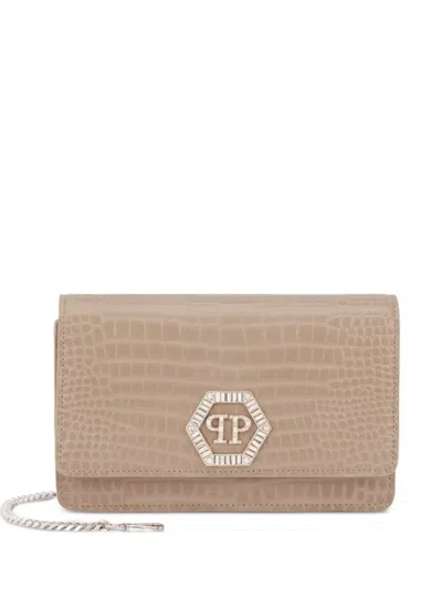 Philipp Plein Hexagon-logo Clutch Bag In Neutral