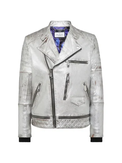 Philipp Plein Leather Biker Jacket In Silver