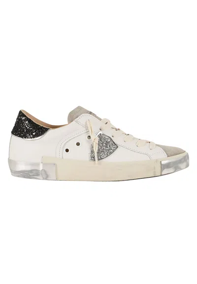 Philippe Model Prsx Low Handcrafted Glitter Leather Sneakers In White