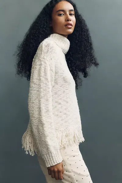Pilcro 100% Cotton Fringed Turtleneck Sweater In White
