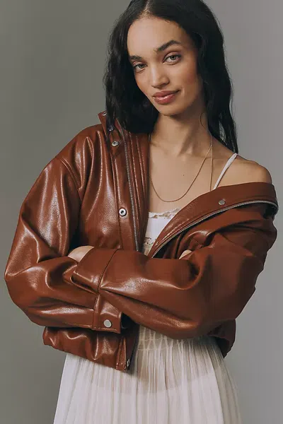 Pilcro Funnel-neck Faux-leather Bomber Jacket In Brown