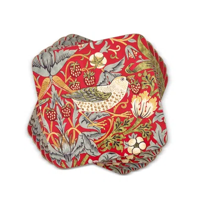 Pimpernel Strawberry Thief Set Of 6 Cork Back Coasters, 4" In Red