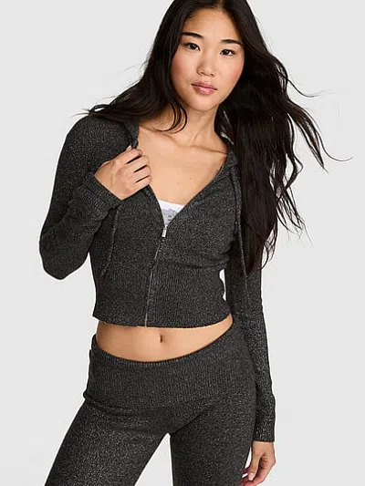 Pink Front-zip Shrunken Sweater Hoodie In Gray