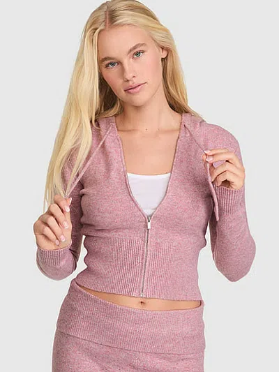 Pink Front-zip Shrunken Sweater Hoodie In