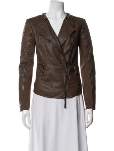 Pre-owned Pinko Lamb Leather Biker Jacket In Brown