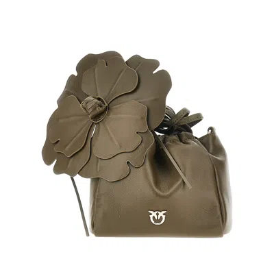 Pinko Nappa Leather Bucket Bag With Flower In Brown