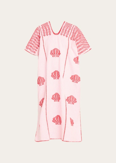 Pippa Holt Three-panel Midi Kaftan In White And Pink Stripe With Red Shells Design