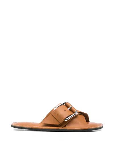 Plan C Buckle Leather Sandals In Brown