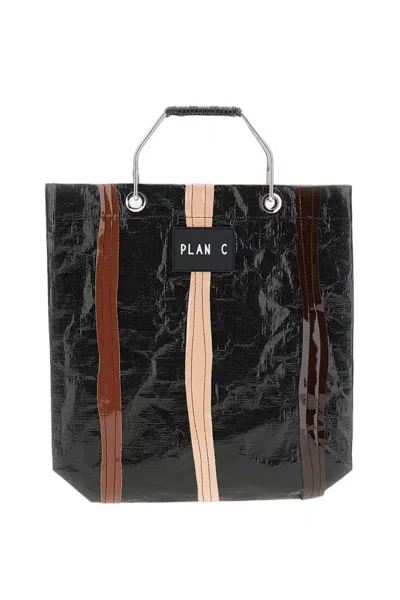 Plan C Multi-fabric Shopper Tote Bag In Black