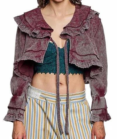 Pol Maggie Lace Ruffle Tie Front Waffle Knit Crop Cardigan Top In Blood Red In Animal Print