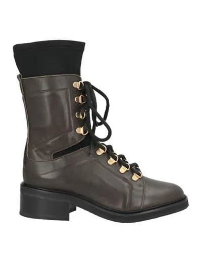 Pollini Woman Ankle Boots Dark Brown Size 5 Calfskin, Textile Fibers