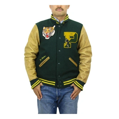 Pre-owned Polo Ralph Lauren Men's Wool Leather Letterman Jacket Coat With Tiger, "p" In Green