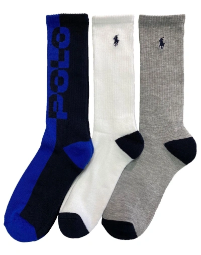 Pre-owned Polo Ralph Lauren Ralph Lauren - 3 Pack Crew Socks - Classic Sport - Cushioned Comfort Sole In Black, Blue, Grey, White