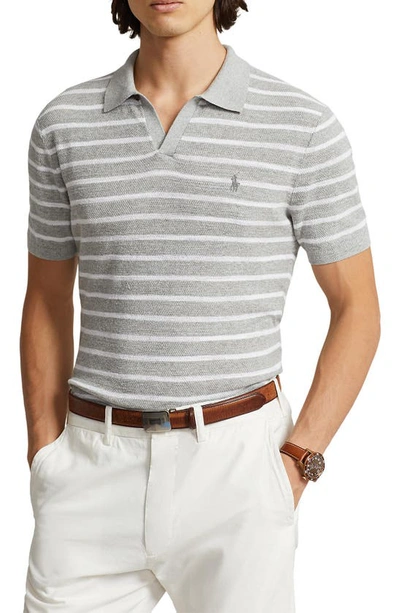 Polo Ralph Lauren Stripe Johnny Collar Cotton & Linen Polo Sweater In Andover Heather Combo
