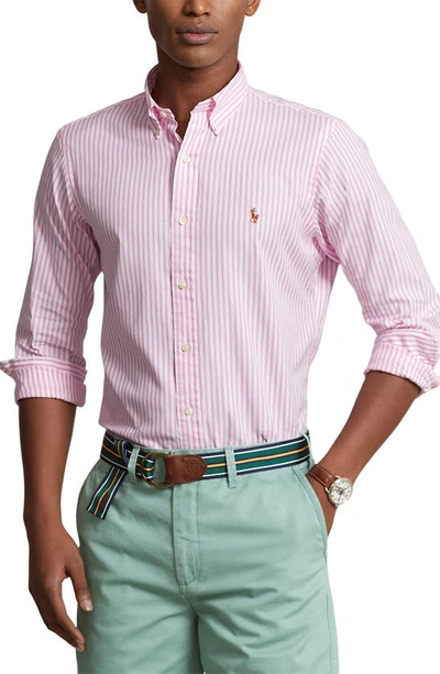 Polo Ralph Lauren Stripe Stretch Cotton Oxford Button-down Shirt In Pink/ White