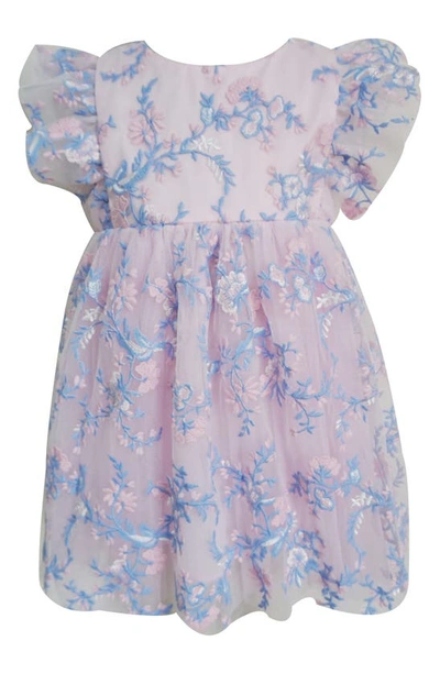 Popatu Babies' Floral Embroidered Flutter Sleeve Tulle Dress In Blue/ Pink