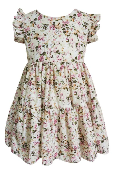 Popatu Babies' Floral Ruffle Shoulder Tiered Cotton Dress In Ivory Multi