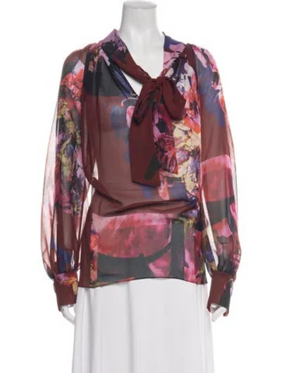 Pre-owned Prabal Gurung Floral Print Tie Neck Blouse In Red