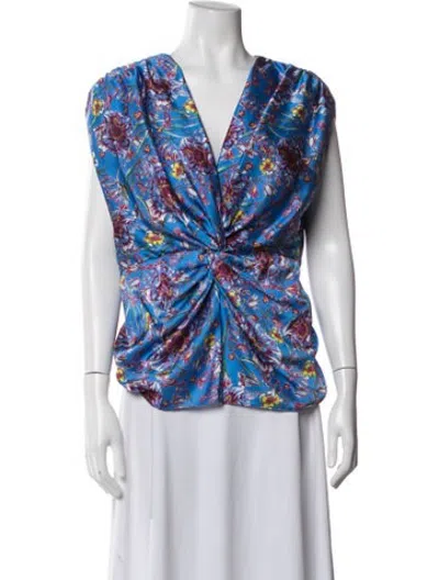 Pre-owned Prabal Gurung Floral Print V-neck Top In Blue/white