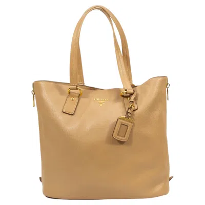 Pre-owned Prada 2000s  Dark Beige Pebbled Leather Tote Bag With Gold Hardware In Brown