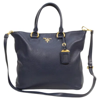 Pre-owned Prada 2000s  Dark Blue Pebbled Leather Tote Bag, Adjustable Strap