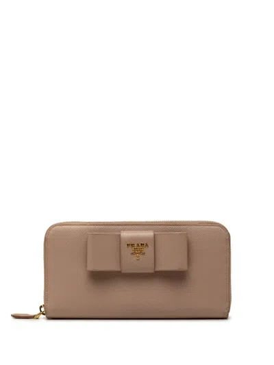 Pre-owned Prada 2013-2026 Saffiano Fiocco Bow Wallet Long Wallets In Brown