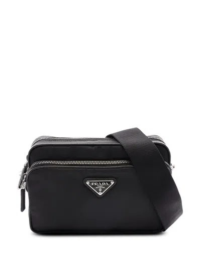 Pre-owned Prada 2013-2026 Saffiano Trimmed Tessuto Camera Bag Crossbody Bag In Black