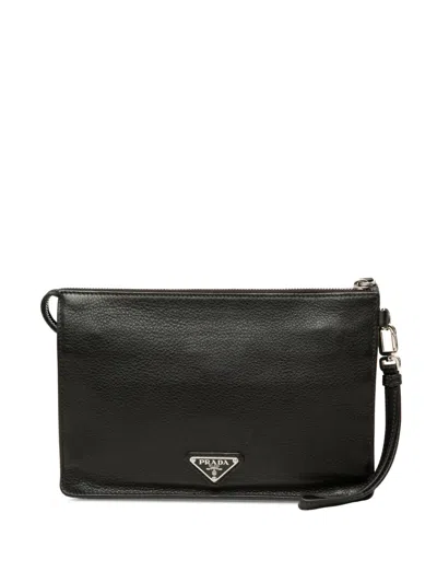 Pre-owned Prada 2013-2026 Vitello Daino Wristlet Clutch Bag In Black