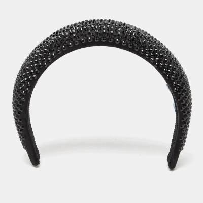 Pre-owned Prada Black Crystal Embellished Satin Wide Headband