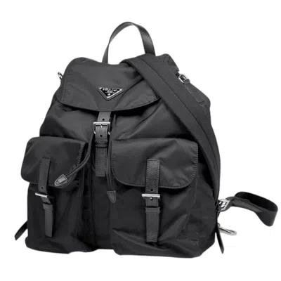 Pre-owned Prada Black Nero Nylon Saffiano Triangle Leather Backpack () In Black, Nero