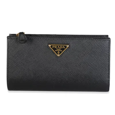 Pre-owned Prada Black Saffiano Long Flap Wallet