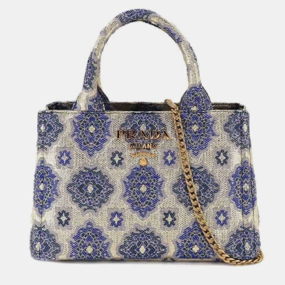 Pre-owned Prada Blue/white Canapa Top Handle Bag