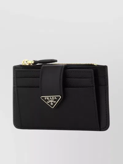 Prada Card Holder Leather Gold-tone Hardware In Black