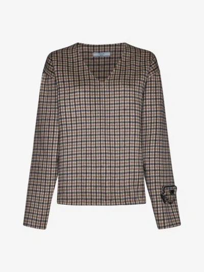 Prada Check Wool And Silk Sweater In Tobacco