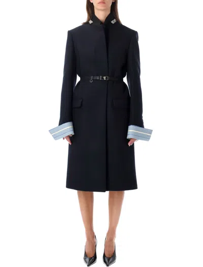 Prada Double-weave Wool Single-breasted Tailored Jacket With Jeweled Stand Collar & Leather Belt In Blue