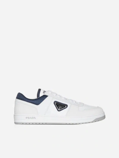 Prada Downtown Leather And Canvas Sneakers In White,ultramarine