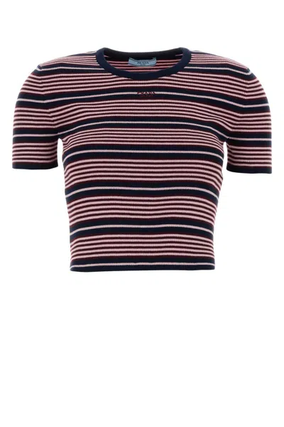 Prada Embroidered Striped Cotton-blend T-shirt In Pink