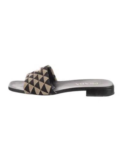 Pre-owned Prada Enameled Metal Triangle Canvas Slides In Brown
