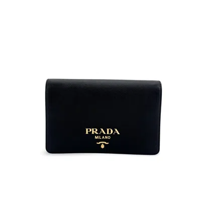 Pre-owned Prada Flap Card Case On Chain Saffiano Leather Black Leather Card Holders Accessory ()