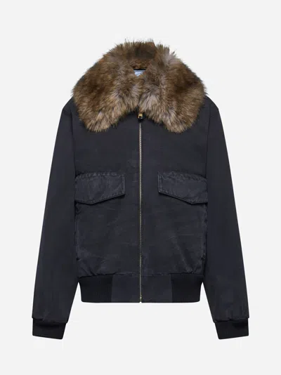Prada Fur Neck Cotton Bomber Jacket In Black