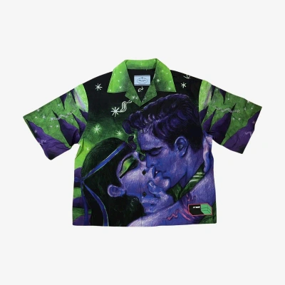 Pre-owned Prada Fw18 Impossible True Love Green Bowling Shirt In Black