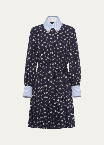 Prada Jacquard Flower Pleated Belted Mini Dress In Navy