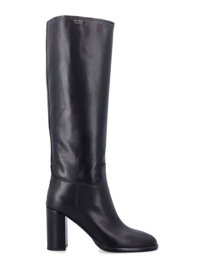 Prada Knee-high Leather Block Heel Boots In Nero